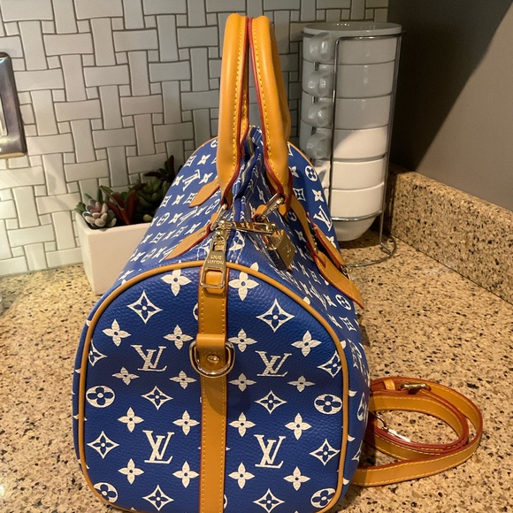 COPY - Inspired P9 Speedy Bandouliere 40 Blue Monogram Gold Hardware - Picture 6 of 15